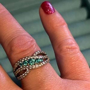 Simulated Apatite and Faux Diamonds Silver Ring